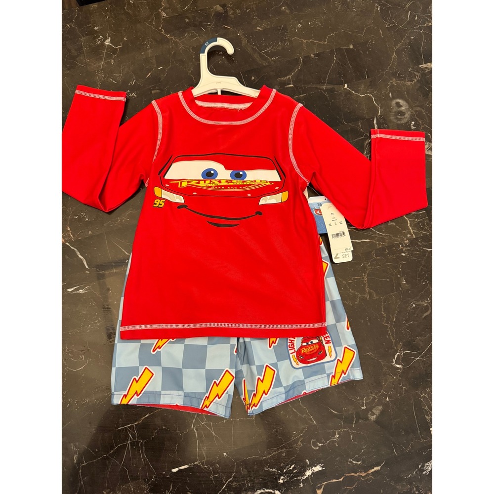 5T Disney Pixar Cars Lightning McQueen Rash Guard Swim Set Red Blue